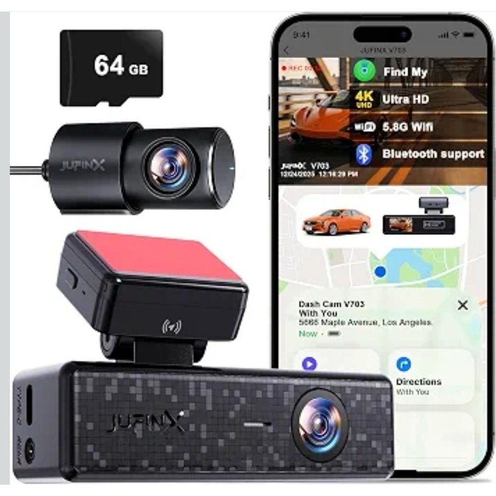 4K Dash Cam Front and Rear,64GB Card,with "Find My" Function, 5.8GHz WiFi